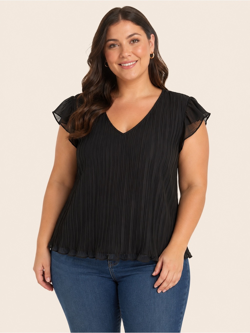 Adrianna Papell Solid Black V-Neck Pleated Chiffon Blouse Top NEW Size XL